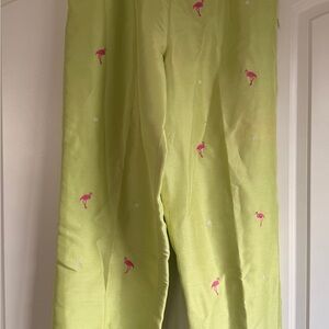 Vintage Lime Green Pants with Pink Flamingo Embroidery